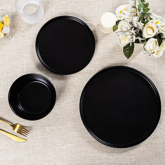 Dinnerware Sets for 4 - CJDC-QUELO 12-Piece Stoneware Plates and Bowls Sets, Ceramic Dishware Sets for Kitchen Use and Formal Dining, Chip and Scratch Resistant Microwave Dishwasher Safe, Black