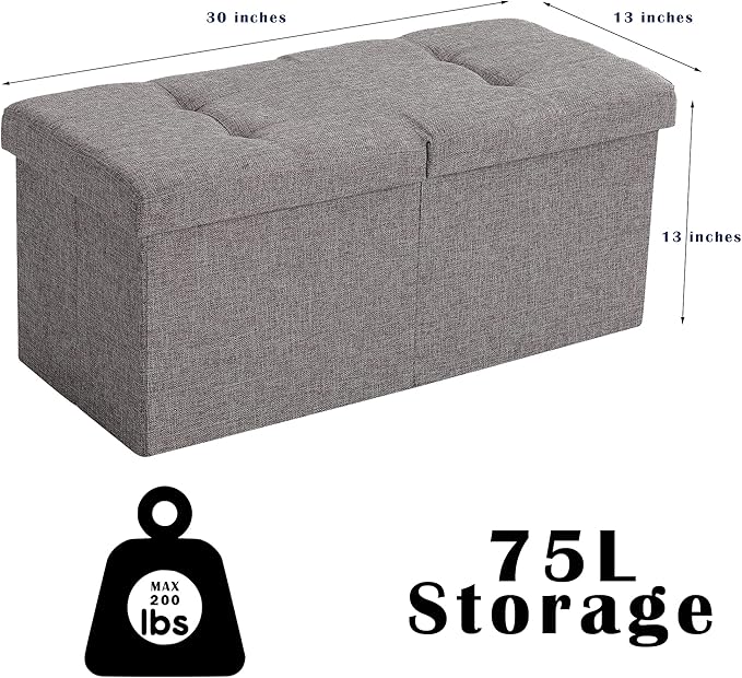 CUYOCA Storage Ottoman Bench Foldable Seat Footrest Shoe Bench End of Bed Storage with Flipping Lid, 75L Storage Space, 30 inches Velvet Light Grey