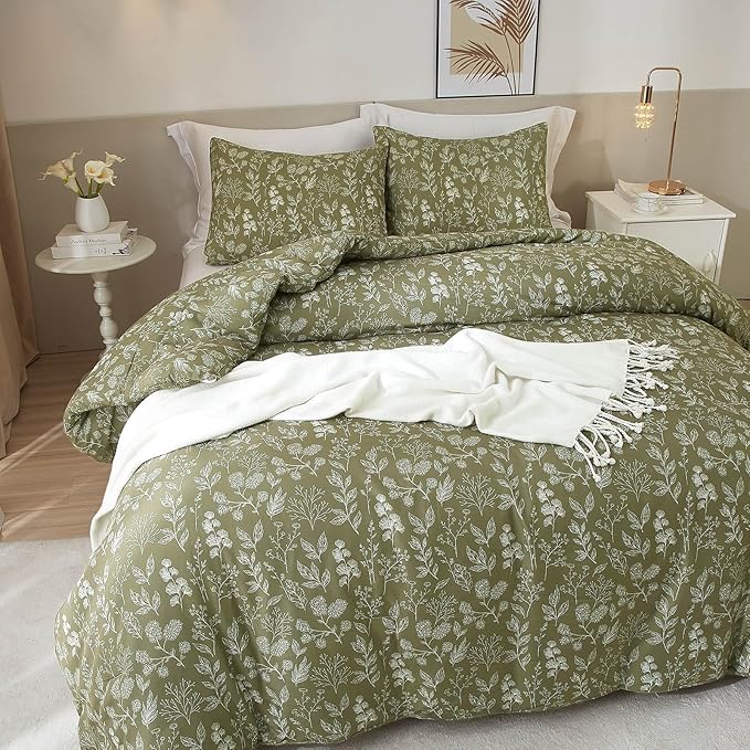 EAVD Fresh Botanical Floral Comforter Set Twin XL Dark Olive Green Soft Microfiber Cute Garden Floral Bedding Comforter Set 1 Twin XL Comforter and 2 Pillowcases Botanical Comforter for All-Season