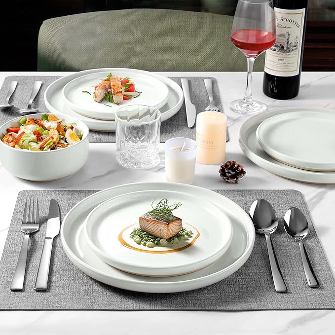 LIANYU 24 Piece Dinnerware Sets for 8, Stoneware Dinner Dishes for Kitchen Dining, Elegant Plates and Bowls Sets, Safe & Healthy Clay, Oven & Dishwasher Safe, Snowy White