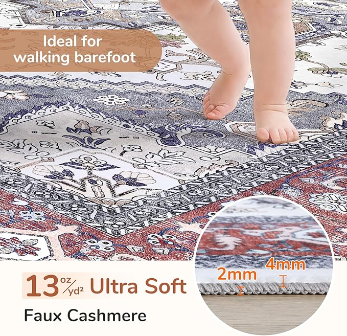 OPPODREAM Thin Area Rugs 4x6, Low-Pile Washable Rugs 4x6 with Non Slip Backing, Faux Cashmere 4 x 6 Throw Carpet, Red & Grey