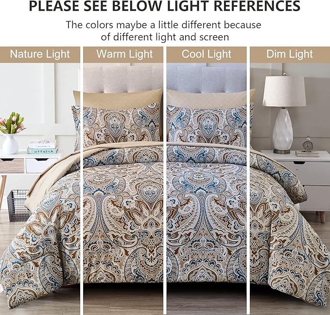 Drucon Brown Paisley Comforter Set Full, 7 Pieces Bed in a Bag Brown Paisley Pattern Comforter Soft Microfiber Bedding Set Full Size with Sheet and Pillowcases for Men Women