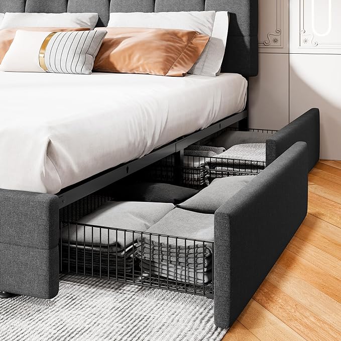 MUTICOR Queen Size Bed Frame with 4 Storage Drawers, Upholstered Platform Bed with Button Tufted Adjustable Headboard, No Box Spring Needed, Easy Assembly, Square Tufted, Dark Grey Fabric