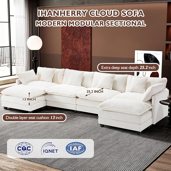 Ihanherry 146" U-Shaped Modern Sofa Modular Sectional Cloud Couch with 2 Ottoman, 6-Seat Chenille Deep Seat Sofa with 6 Pillows for Living Room, Bedroom and Apartment, Beige