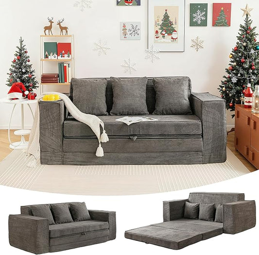 HOMREST 76" Convertible Memory Foam 3-seat Sofa, Pull Out Sleeper Sofa Bed, 2 in 1 Folding Couch Bed, Fold Out Floor Couch Corduroy Fabric with 3 Pillows for Living Room Bedroom Lounge (Grey)