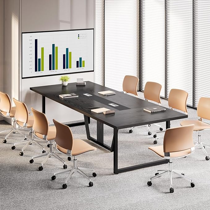 LITTLE TREE 8FT Conference Table for 10 People, Large Meeting Table, Modern Wooden Conference Room Table with Cable Management, Business Training Table with Strong Metal Legs for Office, Black