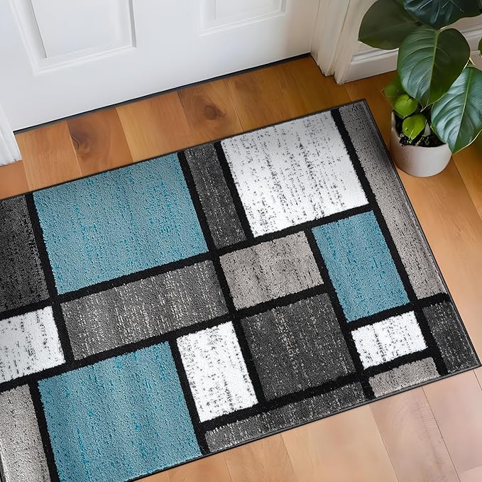 Rugshop Contemporary Modern Boxes for Home Office,Living Room,Bedroom,Kitchen Non Shedding Area Rug 2'7" x 4' Blue