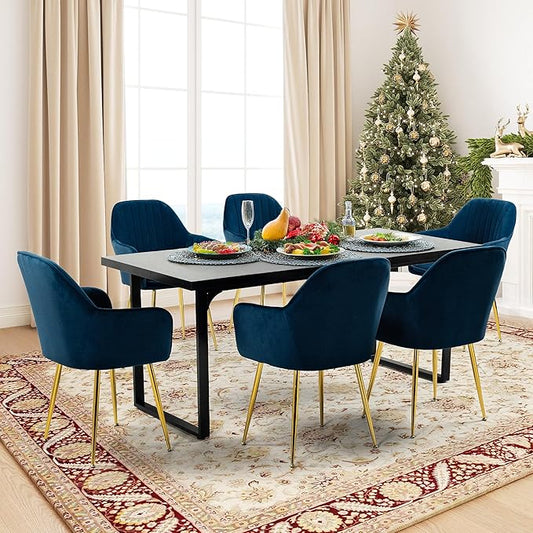 ECOTOUGE Modern Dining Chairs Set of 6, Upholstered Dining Room Chairs with Golden Metal Legs, Matte Velvet Kitchen Chairs for Dining Table, Accent Chairs for Living Room, Blue