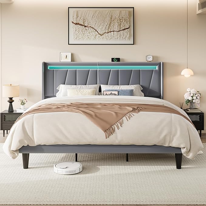Allewie King Size LED Bed Frame with Charging Station, Velvet Upholstered Platform Bed with Geometric Wingback Headboard, Modern Frame with No Box Spring Needed, Easy Assembly, Grey