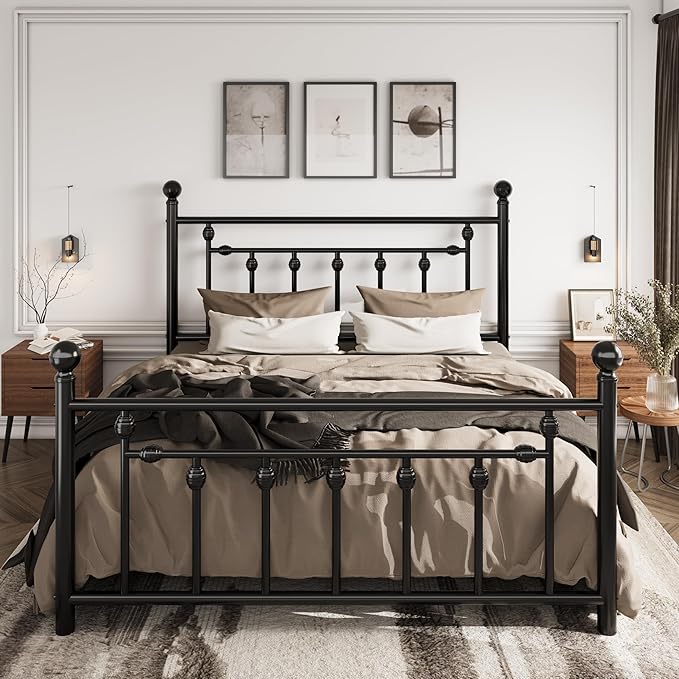 SHA CERLIN 14'' Queen Size Metal Platform Bed Frame/Victorian Headboard and Footboard/Steel Slats Mattress Foundation for Storage/No Box Spring Needed/Noise Free/Black