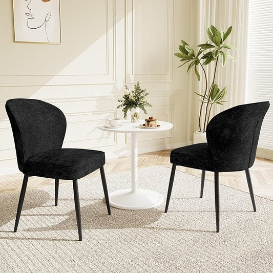 Dining Chairs Set of 2, Modern Fabric Dining Room Chairs with Curved Backrest Well-Padded Seat, Upholstered Kitchen Chairs for Living Dining Room, Black