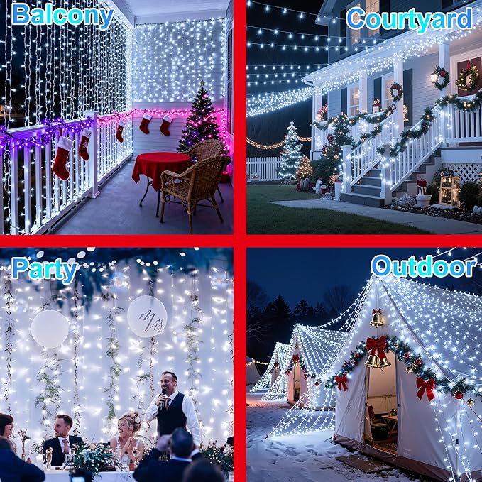 350LED 90FT Christmas Lights Indoor Outdoor, 12 Modes Cool White Outdoor String Lights with Timer & Dimmable, Green Wire Christmas String Lights for Tree Patio Yard Fence Bedroom Wedding Garden Decor
