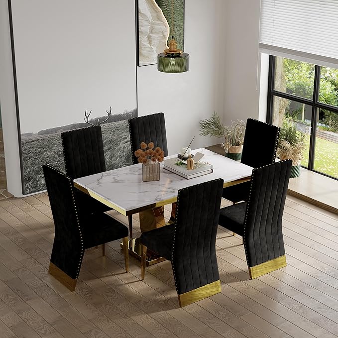 AUZ Dining Chairs Set of 6, Black and Gold Dining Room Chairs with Nailhead Trim and Gold Legs, Black Velvet Upholstered Dining Chair for Dining Table, Kitchen and Dining Room, Modern Luxury Style