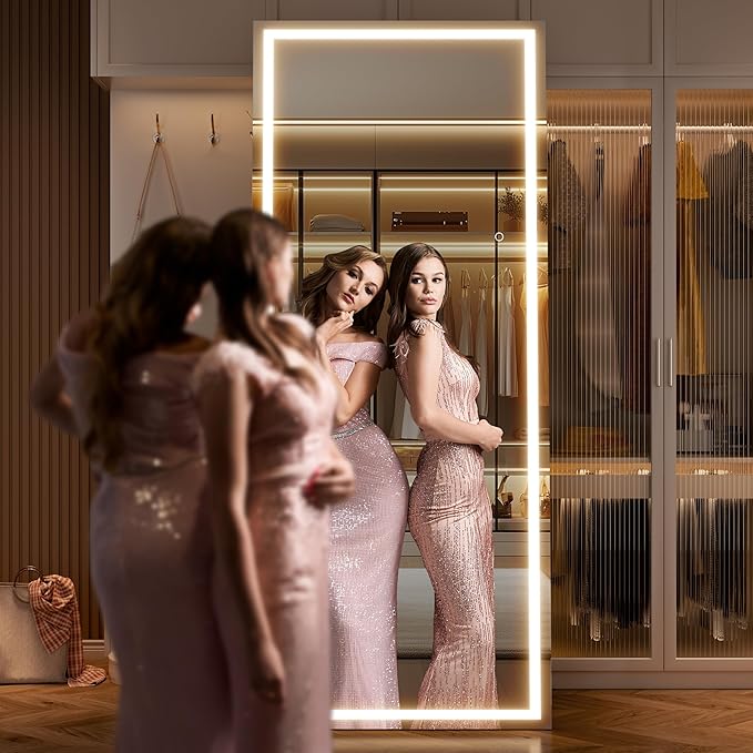 Full Length Mirror with Lights, 79" x 36" Large LED Lighted Floor Standing Body Mirror, Dimmable & 3 Color Lighting for Bedroom, Cloakroom, Dressing Room, Leaning & Hanging, Square Black
