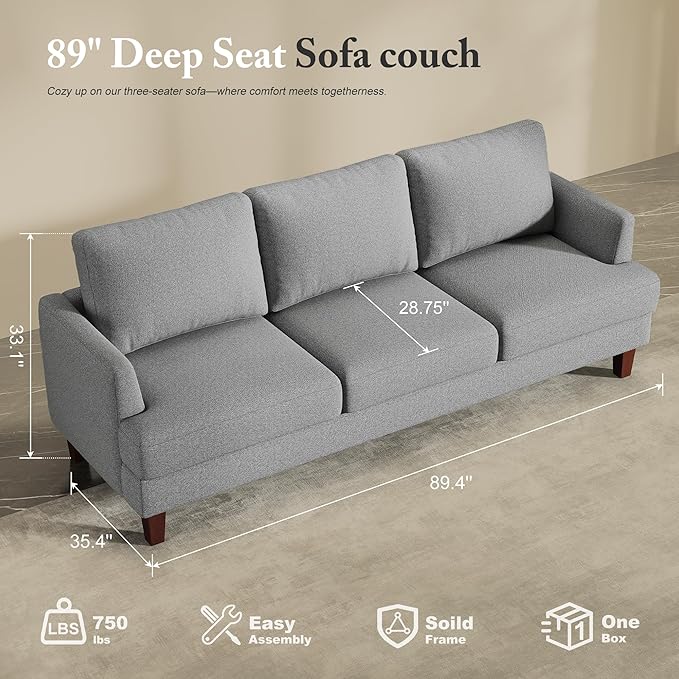 3 Seater Sofa Couch with Deep Seats, 89" Mid Century Modern Upholstered Sofa with Armrests, Comfy Couches for Living Room, Bedroom, Apartment and Office (Grey)