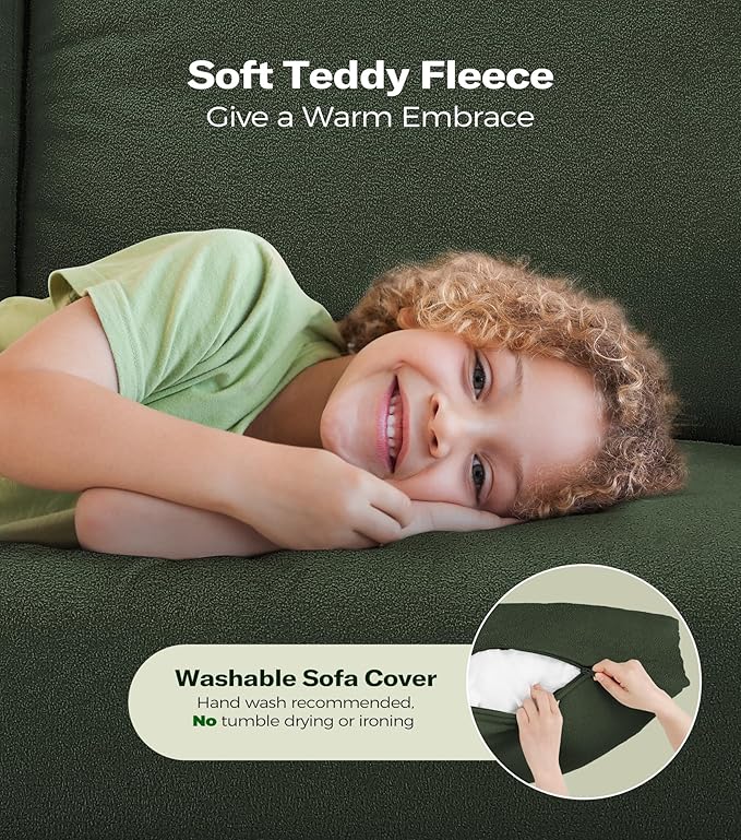 83" Couches for Living Room, Comfy Sofas for Living Room with Storage Ottoman, Teddy Sofa Couch, Tool-Free Loveseat Sofa, All-Wood Love Seat Couches, L Shaped Couch 2 Pillow Included, Green
