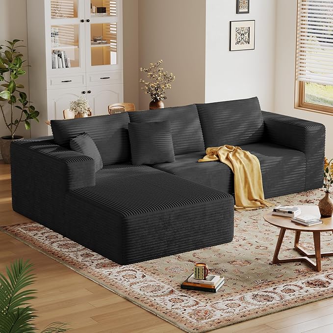 108'' Modular Sectional L-Shaped with Chair,Deep Seat Boneless Corner Couch for Living Room,Plush Corduroy Couch with Detachable Sofa Set,No Assembly(Left Facing Chaise，Gray)