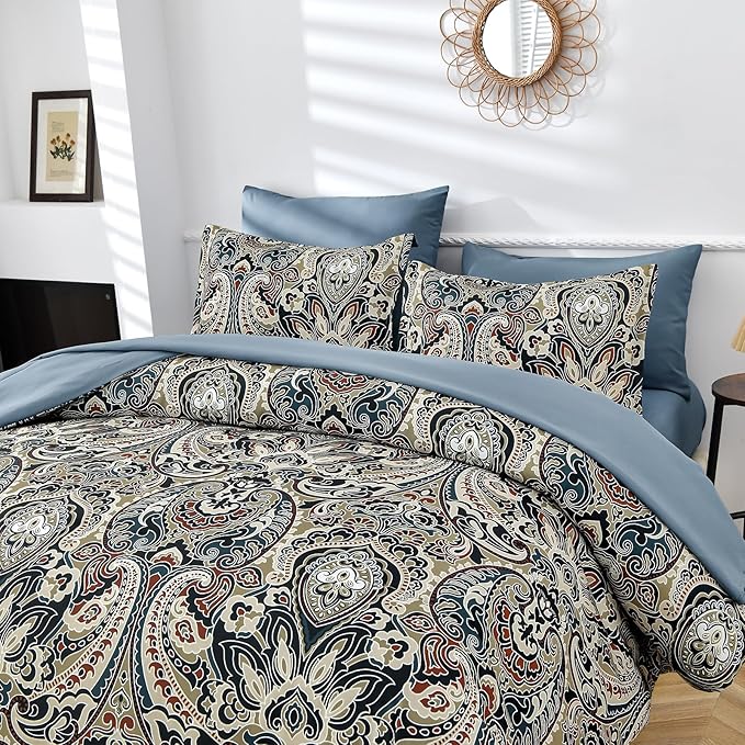 Boho Comforter Set Queen, 7 Pieces Bed in A Bag Comforter Boho Paisley Pattern Bedding Set Soft Microfiber Queen Size (1 Blue Comforter, 1 Flat Sheet, 1 Fitted Sheet, 2 Pillow shams, 2 Pillowcases)