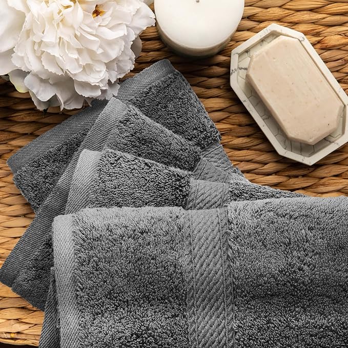 Superior Egyptian Cotton Pile Hand Towel Set of 4, Ultra Soft Luxury Towels, Thick Plush Essentials, Absorbent Heavyweight, Guest Bath, Hotel, Spa, Home Bathroom, Shower Basics, Charcoal