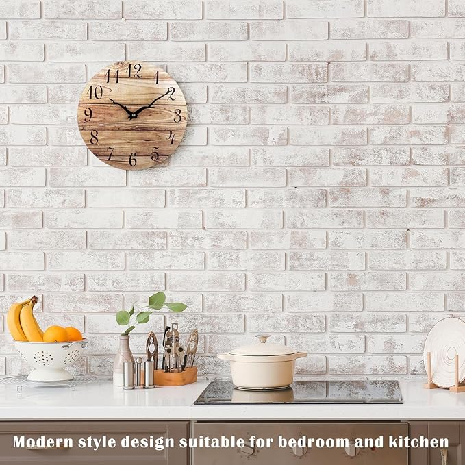 Plumeet Small Wall Clock, 10'' Frameless Wooden Wall Clocks with Silent Quartz Movement, Rustic Country Village Walnut Clocks Decorative for Kitchen Bedroom Living Room, Brown