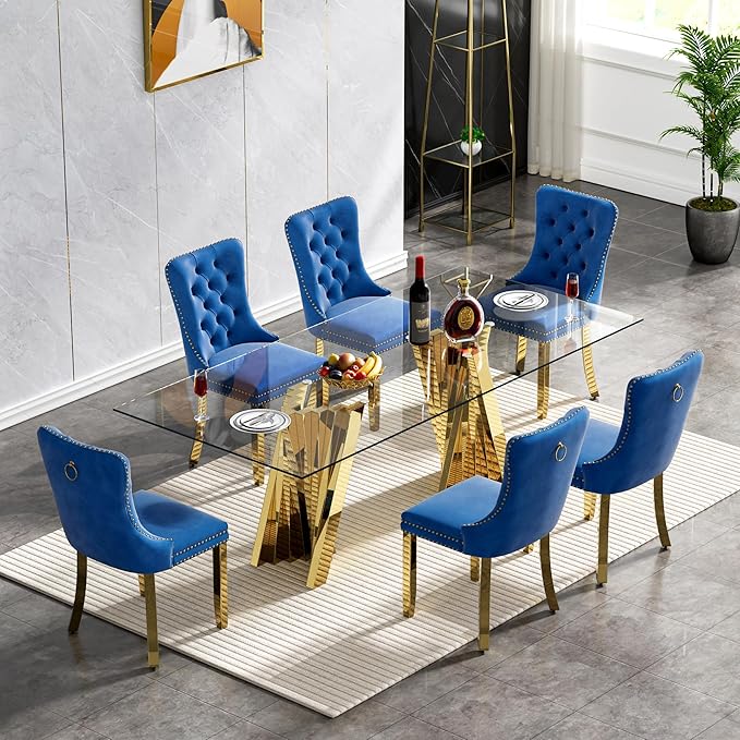 Goujxcy 70" Glass Dining Table Set for 6, Modern Gold Dining Table Set with 6 Blue Velvet Upholstered Dining Chairs, 7 Piece Kitchen Dining Room Table Set with Stainless Steel Legs