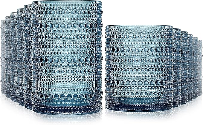 Vintage Hobnail Drinking Glasses Set of 12-14 oz Old Fashioned Glass Cups & 11 oz Cocktail Glasses, Aesthetic Kitchen Bar Tumbler Glassware Gifts Sets, Blue (12Pcs Blue XL)
