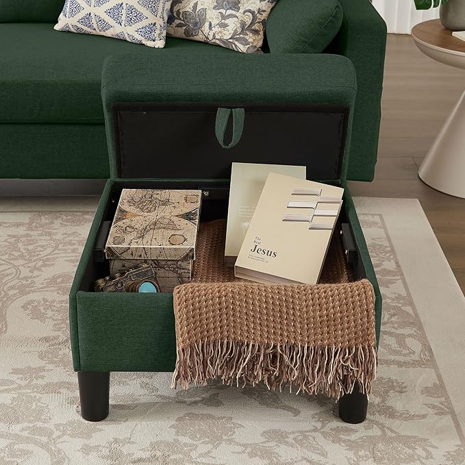 101" Convertible Sectional Sofa, Modern Linen Fabric U-Shaped Couch with 2 Storage Ottomans and Storage Pocket, 4 Seat Sofa Couches for Living Room, Apartment, Office, Green