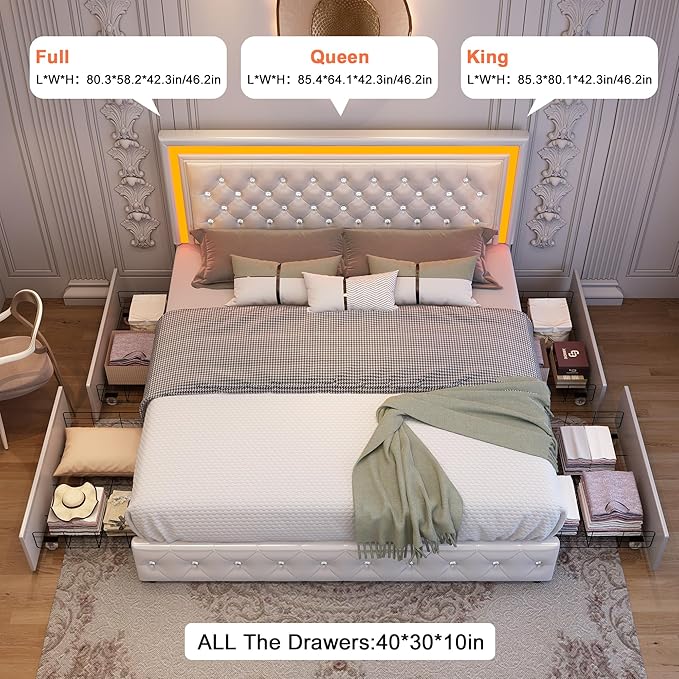 King Led Bed Frame with 4 Storage Drawers, Bed Frame with Led Lights, No Box Spring Needed, 900 lbs Capacity, Easy Assembly, PU White