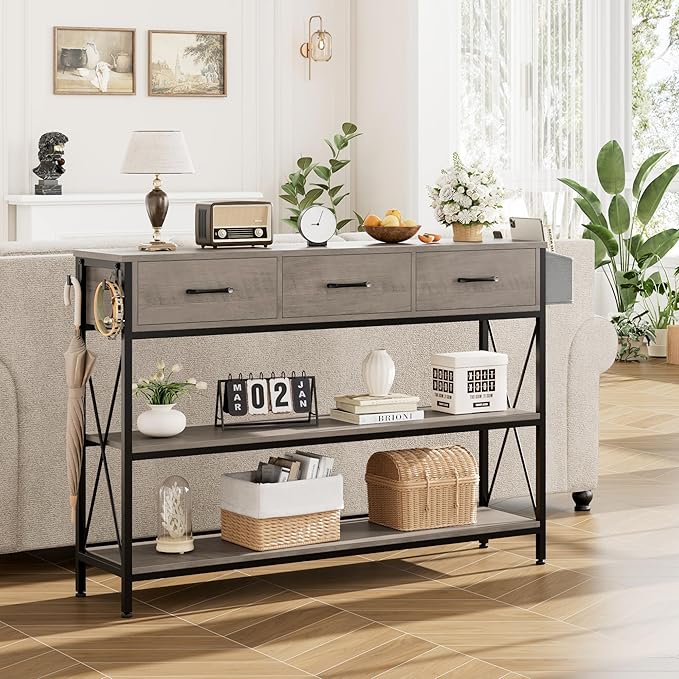 HITHOS 47.2" Long Console Table with 3 Drawers and 3-Tier Storage Shelves, Industrial Sofa Table for Living Room Entry Way