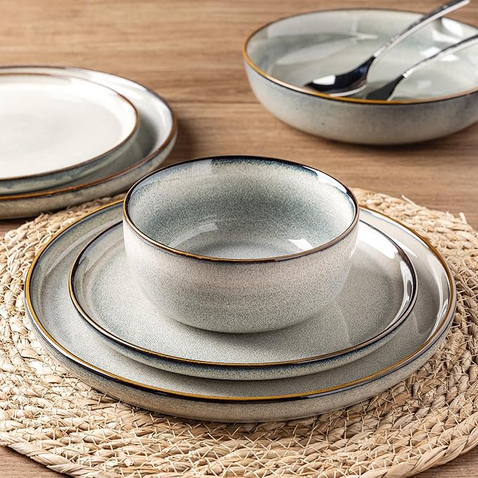 GBHOME 16 Pieces Double Bowls Ceramic Dinnerware Sets for 4, Stoneware Plates and Bowls Set with Reactive Glaze, Scratch Resistant Stoneware Dishes Set, Dishwasher & Microwave Safe