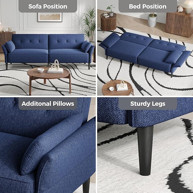 89” Futon Sofa Bed,Comfy Futon Couch Bed with 2 Square Pillows,Convertible Sleeper Sofa with Adjustable Backrest& Armrests, Modern Loveseat Sleeper for Living Room, Bedroom, Linen Blue