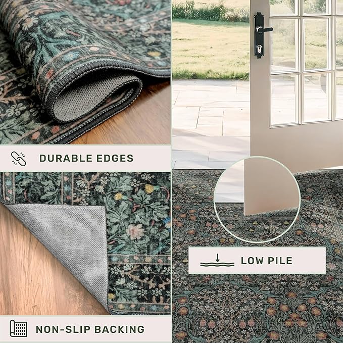 Dark Green Washable 3x6 Large Entryway Runner Rug Indoor, Non-Slip Floor Rugs for Kitchen, Bedroom, Bathroom Beside Bed, Stain & Fade Resistant, Vintage Floral Design