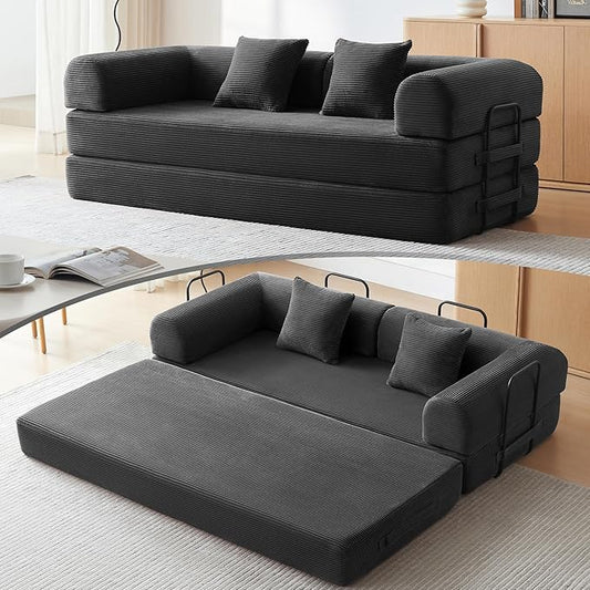 Convertible Sleeper Sofa Bed with Cylindrical Pillow, Comfy Foldable Sofa Bed Compressed Sofa in Box, Floor Sofa Lounge Couch for Living Room Bedroom Lounge Studio, Tool-Free Assembly (Black)