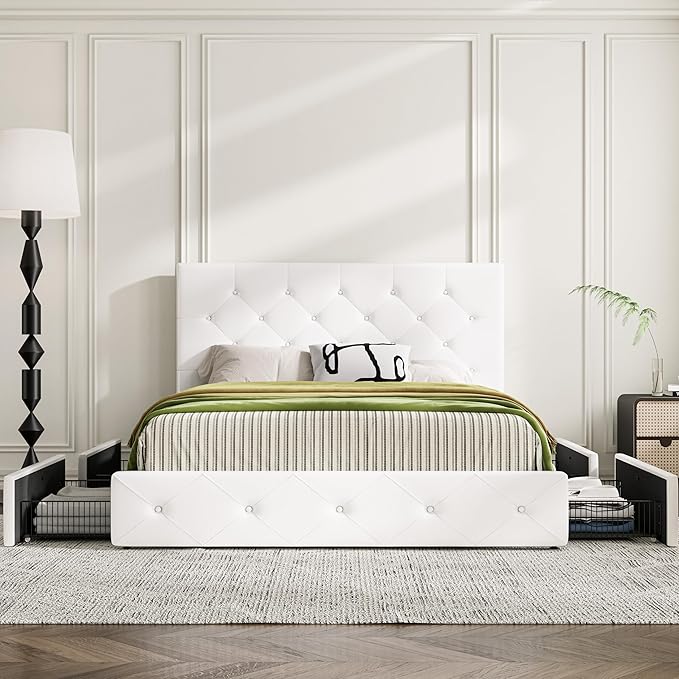 MUTICOR Full Size Bed Frame with 4 Storage Drawers, Upholstered Platform Bed with Button Tufted Adjustable Headboard, No Box Spring Needed, Easy Assembly, Diamond Tufted, White Leather