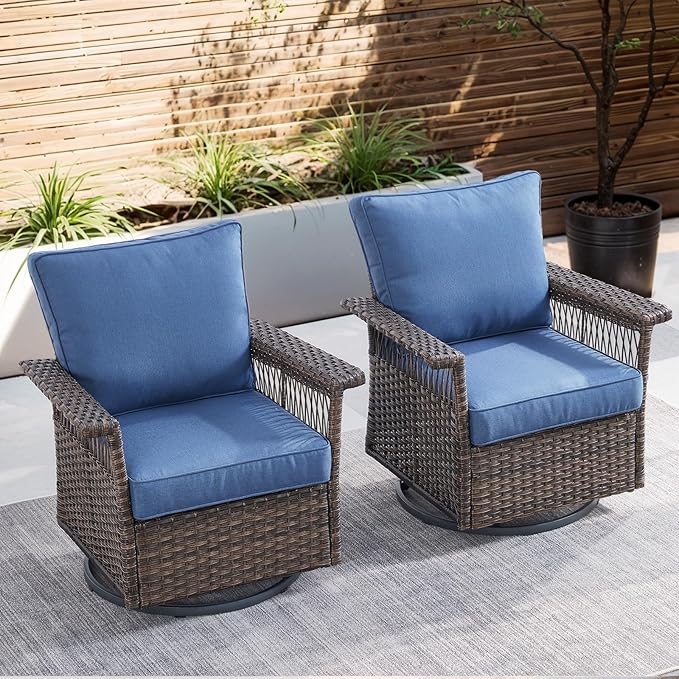 Outdoor Swivel Glider Chairs Set of 2 - Hollow Widen Armrests Wicker Patio Furniture Set, Comfortable High Back Outside Swivel Rocker for Balcony Porch Deck and Yard - Brown/Blue