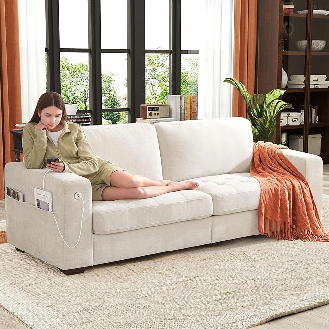 Ihanherry 89" Modern Sofa Cloud Couch, Chenille Deep Seat Sofa with Removable Cover for Living Room, Bedroom and Apartment, Beige