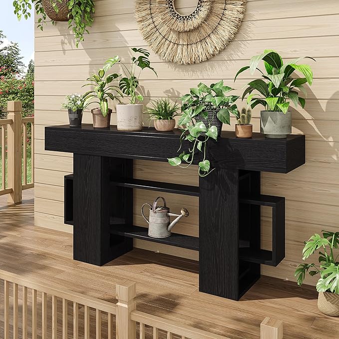 Feonase 63 Inches Long Console Table for Entryway, Wooden Sofa Table Behind Couch with 3-Tier Storage, Modern Narrow Entry Hallway Table for Living Room Foyer Entrance, Black