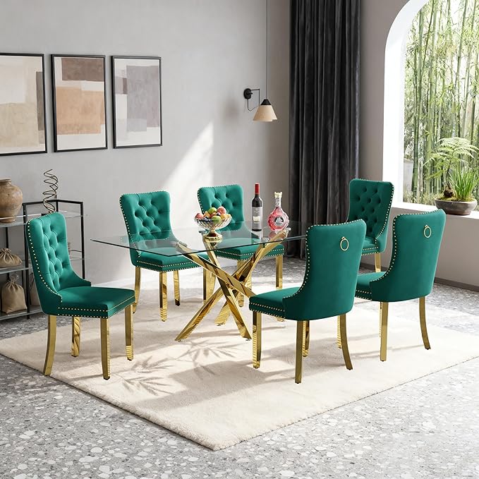 Goujxcy 51" Glass Dining Table Set for 6, Modern Kitchen Table and Chairs Set w/Steel Legs, 7-Piece Dining Table Set w/Glass Gold Dining Table and 6 Green Velvet Chairs for Kitchen Dining Room