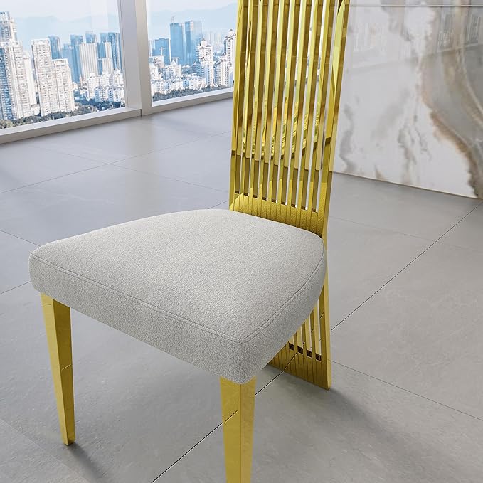 Modern Dining Chairs Set of 8, White Sponge Dining Room Chairs with Polished Gold Stainless Steel Legs, Upholstered Chairs with High Back and Metal Legs for Living Room/Kitchen/Restaurant