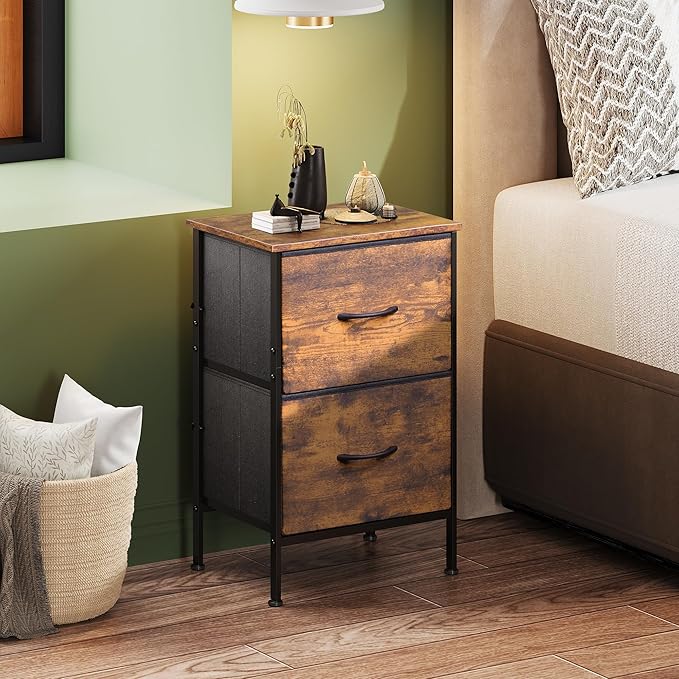 WLIVE Night Stand Set 2, Small Dresser with 2 Drawers & Wooden Top, Nightstand with Fabric Bins, Bedside Table End Table for Bedroom, Closet, Entryway, College Dorm, Rustic Brown
