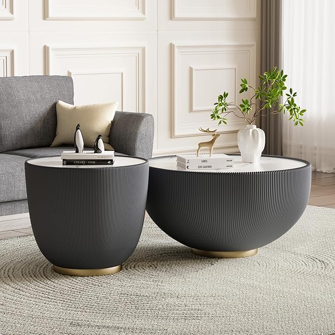 Grey Round Coffee Table with Sintered Stone Tabletop, 19.69 Drum Coffee Table with Fluted PU Leather Covered and Metal Base, Circle Cocktail Tea Table for Living Room