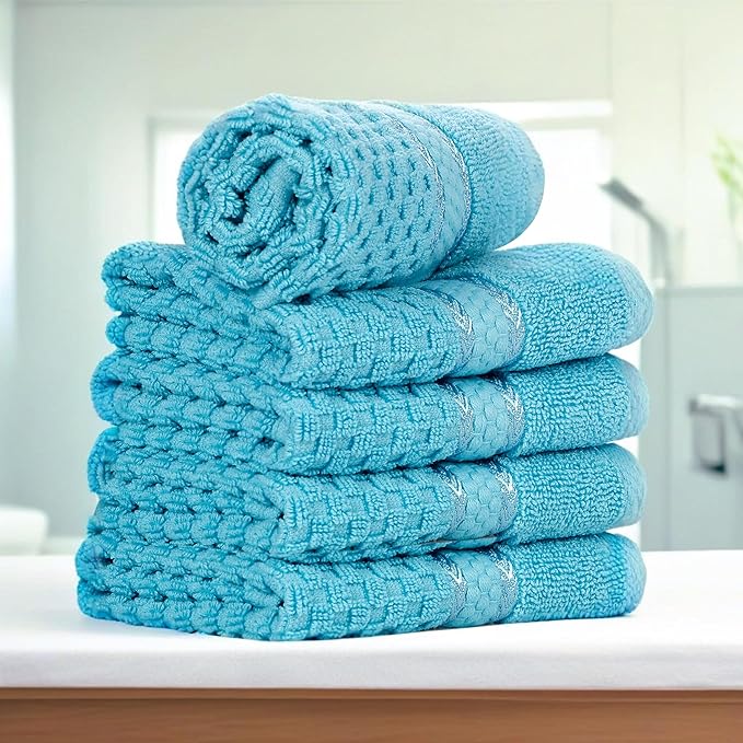 Ample Decor Sky Blue Wash Cloth Set of 5 100% Cotton - Quick Dry, Highly Absorbent, Popcorn Textured - Mulaayam Collection - 12 X 12 Inch
