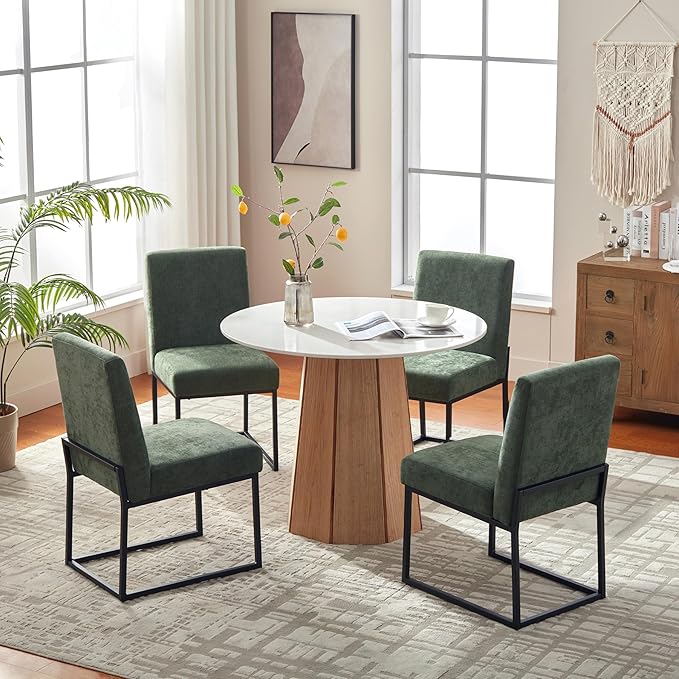 VKNOW Upholstered Dining Chairs Set of 2, Modern Dining Room Chairs, Linen Kitchen Chair Dinner Chair with Black Metal Base for Kitchen Office, Green-Unstriped