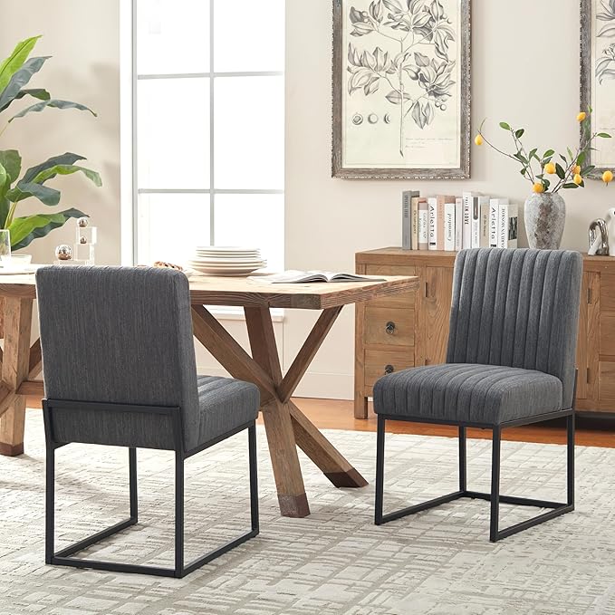 VKNOW Upholstered Dining Chairs, Modern Dining Room Chairs with Stripe, Linen Kitchen Chair Dinner Chair with Black Metal Base for Kitchen Office, Dark Grey