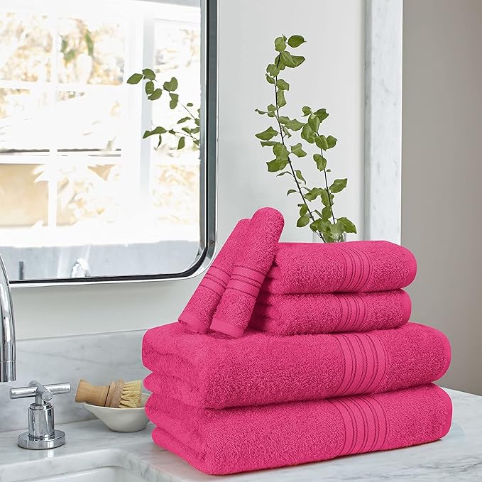 BOUTIQUO 6 Pack Cotton Towel Set, Contains 2 Bath Towels 28x55 inch, 2 Hand Towels 16x24 inch & 2 Wash Coths 12x12 inch, Ideal Everyday use, Ultra Soft Compact & Lightweight - Hot Pink