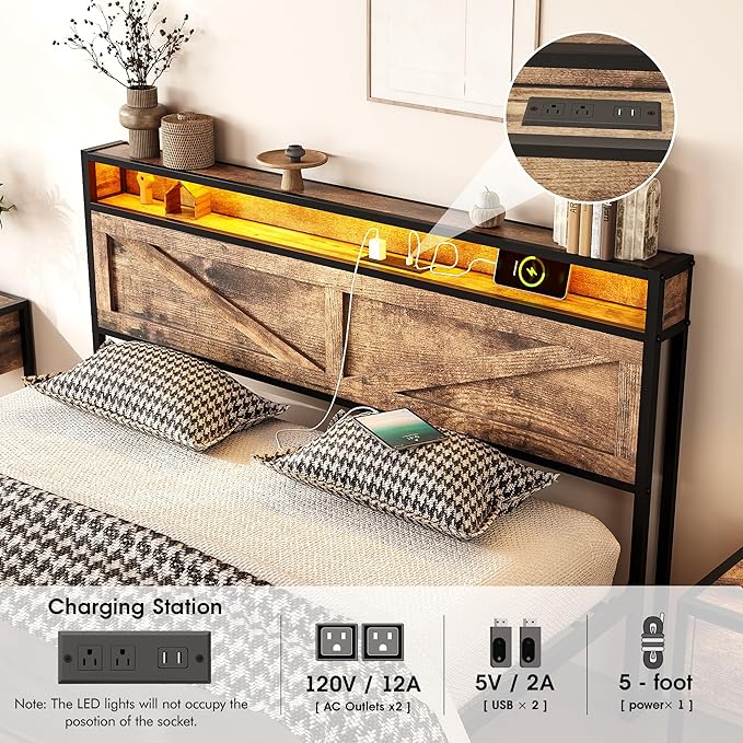 Vabches Queen Size Bed Frame with Headboard and Charging Station, Brown Platform Bed Frame with Led Light, No Box Spring Needed, Noise Free Farmhouse Bedroom Set