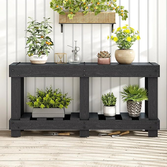 62.9" Vintage Entryway Table - Solid Cedar Wood with Natural Grain, 6 Reinforced Legs & 4.5" Thick Desktop, Metal Rivet Decor & Plank Under-Shelf, Console Table for Hallway, Living Room (Black)