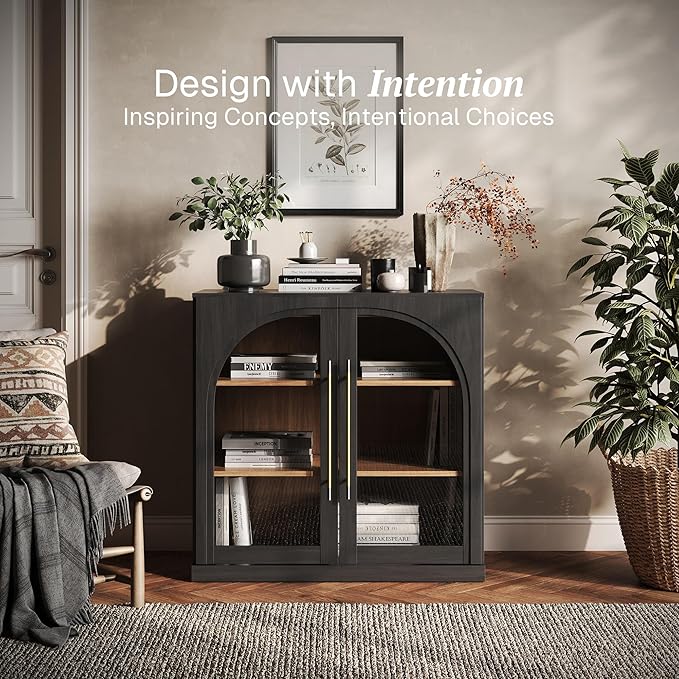 BELLEZE Set of 3 Modular Sideboard with Arched Glass Door, Accent Display Buffet Cabinet with Storage and Adjustable Shelves,Classic Modern Credenza for Dining Room Living Room Entryway (Ebony)