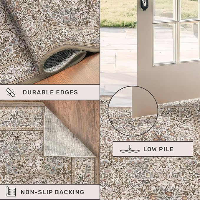 Moss Green 3x8 Oriental Runner Rugs for Hallway, Kitchen, Entryway Indoor - Non-Slip & Low Pile, Geometric Floral Stain Resistant Carpet, Vintage Neutral Home Décor
