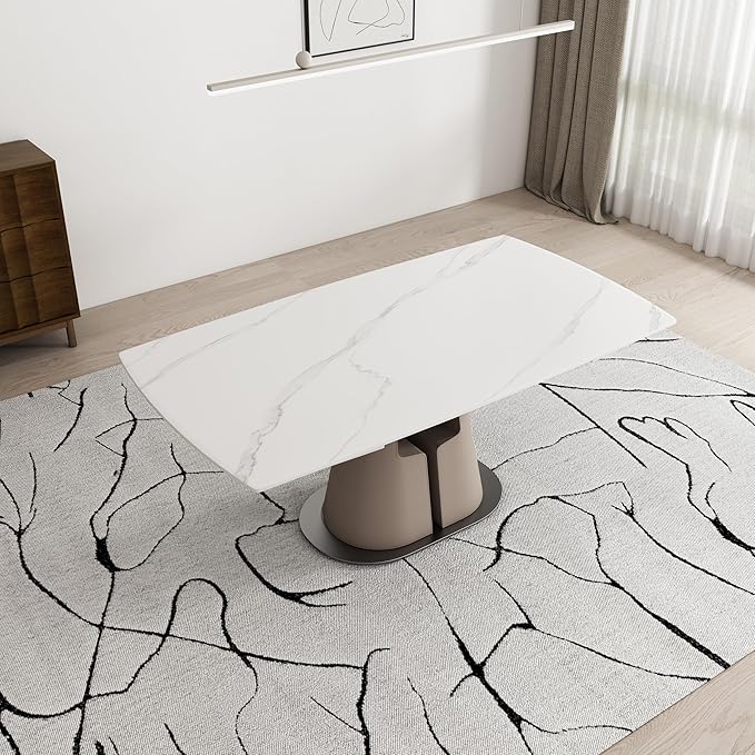 Modern Dining Table, Seats 8-10, Extendable Sintered Stone Dining Table, White Top, Saddle Leather Pedestal Table, 90 in.（1Table